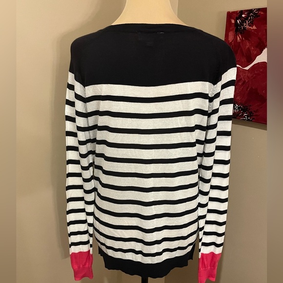 eesome light weight tencil/cotton Navy/white stripe sweater pink cuffs, size M - Picture 2 of 4